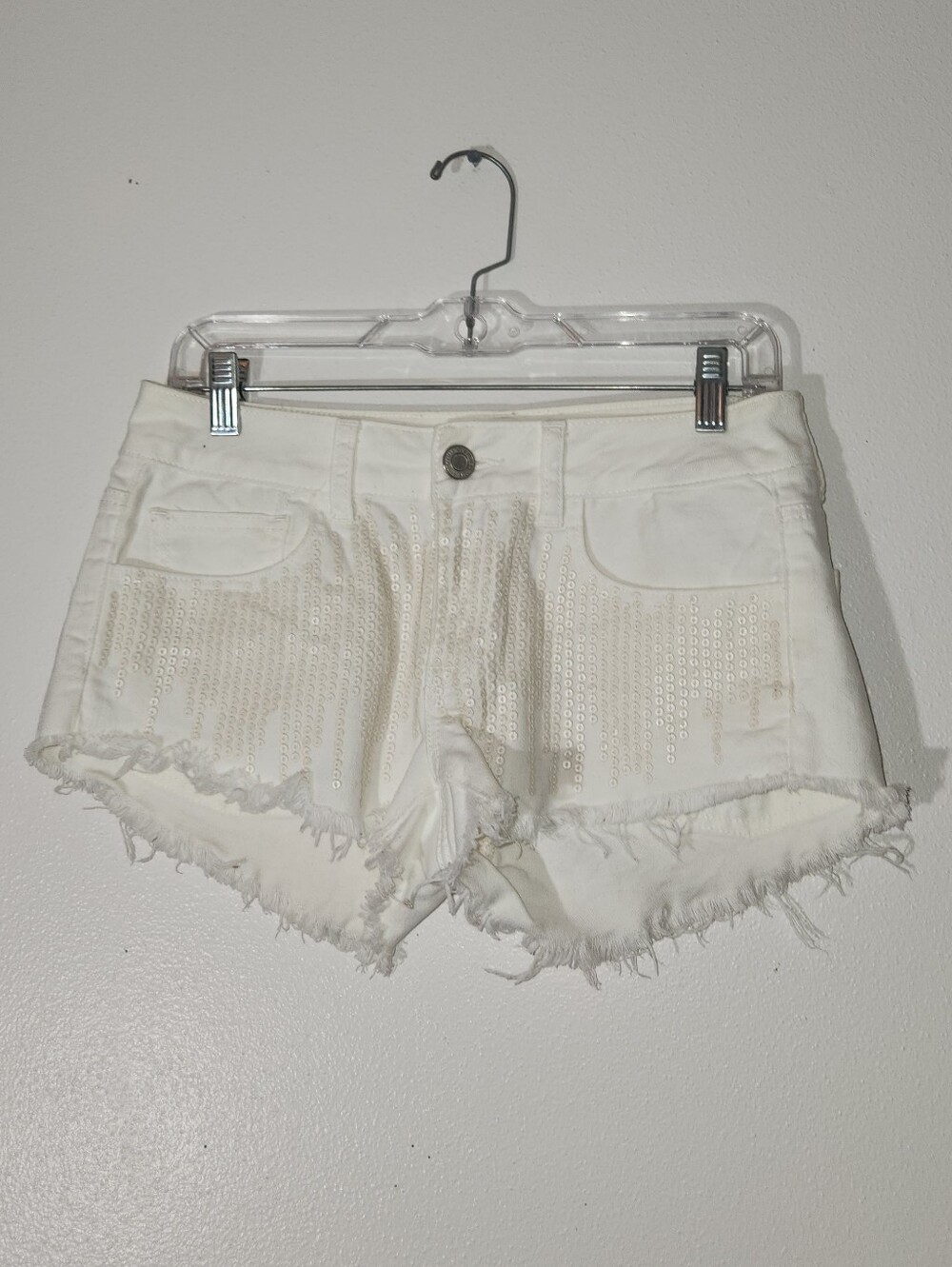 Women's American Eagle White Embellished Frayed Hem Denim Shorts